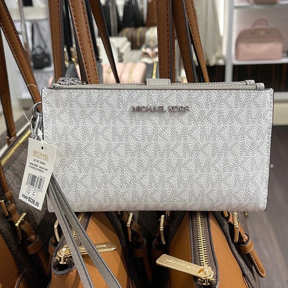 MICHAEL KORS LARGE DOUBLE ZIP WRISTLET PHONEHOLDER WALLET CLUTCH BRIGHT WHITE